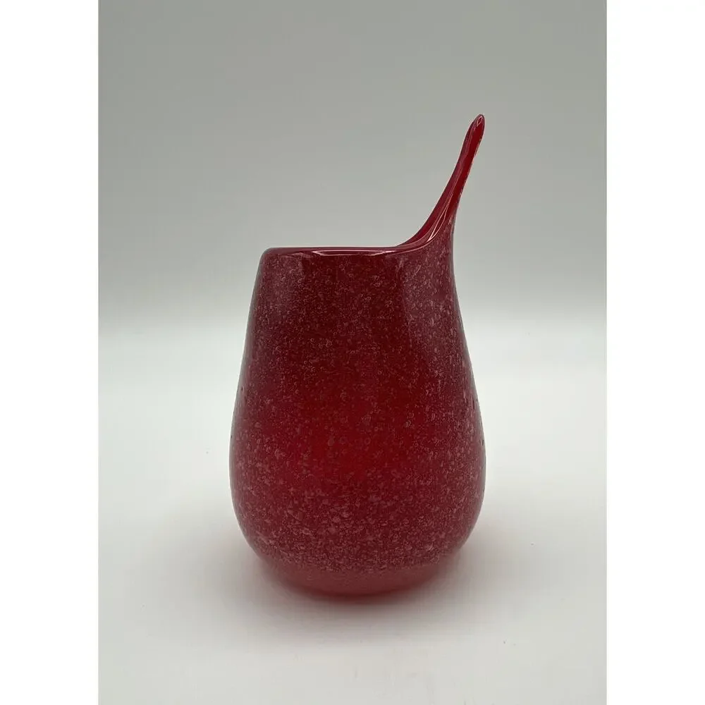 Hand Blown Red Art Glass Stretch Lip Spouted Bud Vase 4” Mid Century Style